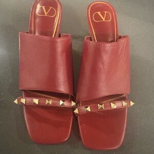 Valentino Garavani Burgundy Leather Sandals with Gold Studs
